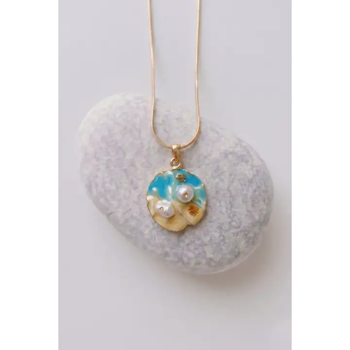 Vintage Incili Istiridye Motifli 3d Tablo Tasarım Kadın Çelik Kolye Gold Kararmaz Renk Atmaz