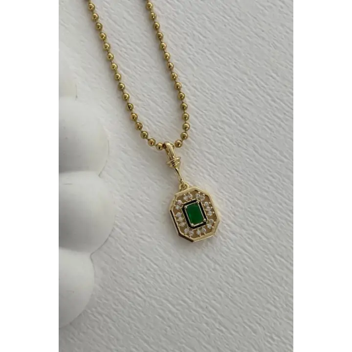Yeşil Baget Taşlı Kare Tasarım Kadın Çelik Kolye Gold Kararmaz Renk Atmaz