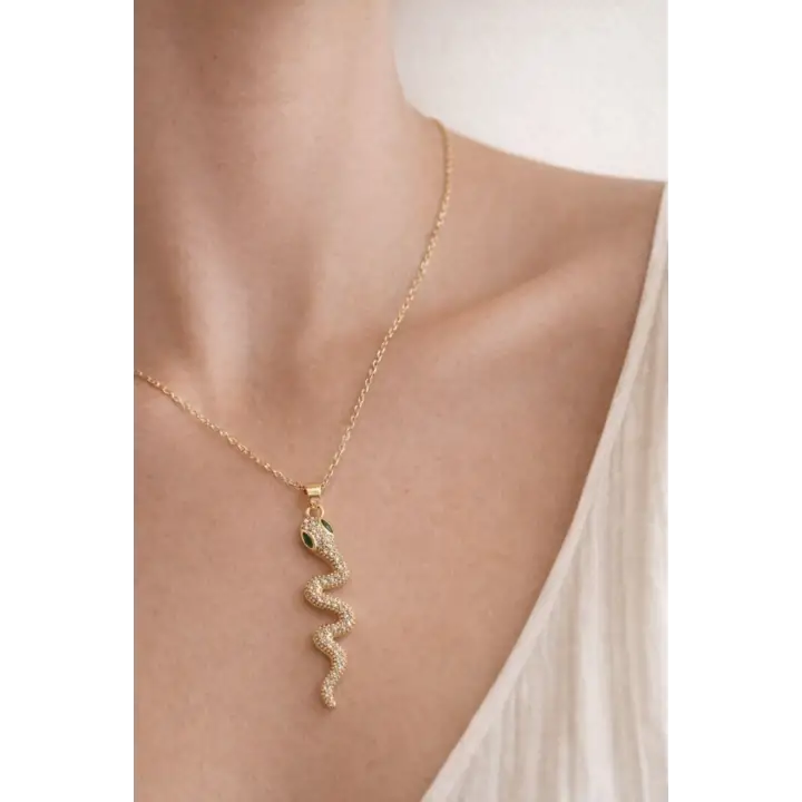 Zirkon Taşlı Zümrüt Gözlü Yılan Tasarım Kadın Çelik Kolye Gold Kararmaz Renk Atmaz