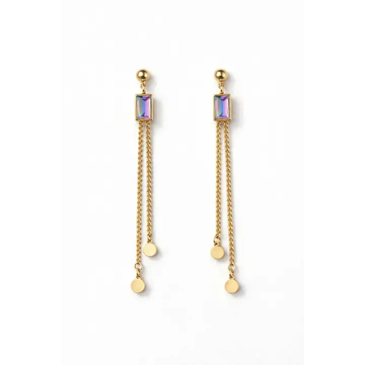 Opal Baget Taşlı Sallantılı Tasarım Kadın Çelik Küpe Gold Kararmaz Renk Atmaz