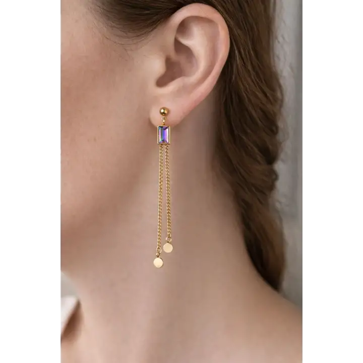 Opal Baget Taşlı Sallantılı Tasarım Kadın Çelik Küpe Gold Kararmaz Renk Atmaz