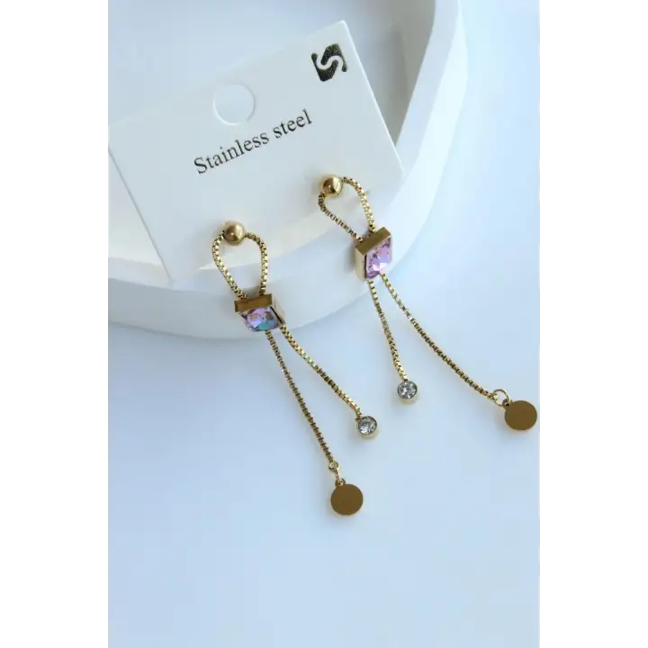 Opal Baget Taşlı Sallantılı Tasarım Kadın Çelik Küpe Gold Kararmaz Renk Atmaz