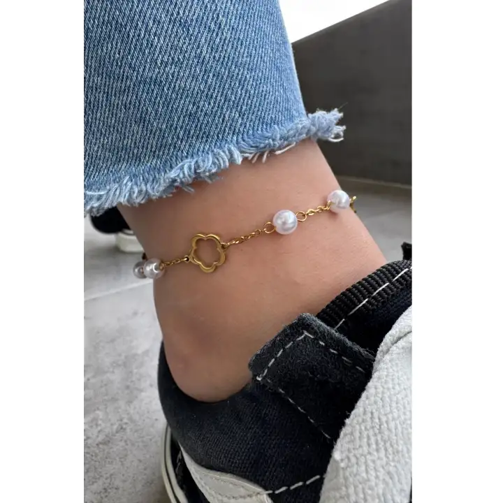 İncili Yonca Model Kadın Halhal Gold Kararmaz Renk Atmaz