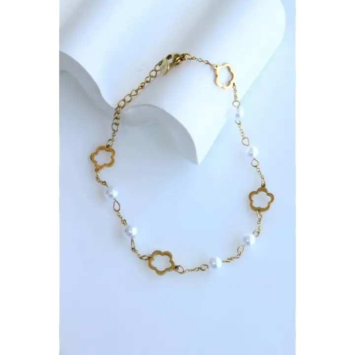 İncili Yonca Model Kadın Halhal Gold Kararmaz Renk Atmaz