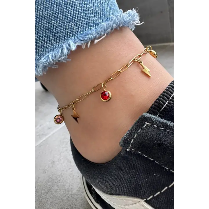 Renkli Zirkon Taşlı Şimşek Model Kadın Halhal Kararmaz Renk Atmaz