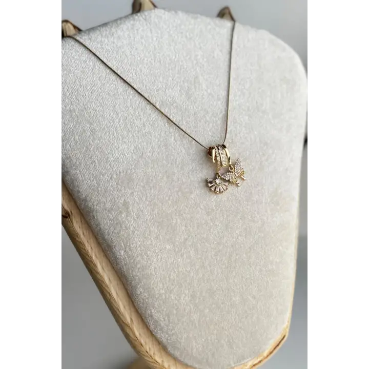 Yeni Sezon Zirkon Taşlı Kelebek Motifli Kadın Çelik Kolye Gold Kararmaz Renk Atmaz