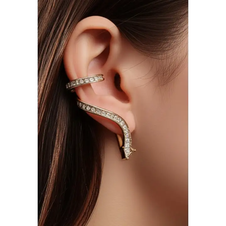 Yılan Tasarım Dizi Baget Zirkon Taşlı Kıkırdaklı Earcuff Gold Kıkırdak Küpe Kararmaz Renk Atmaz