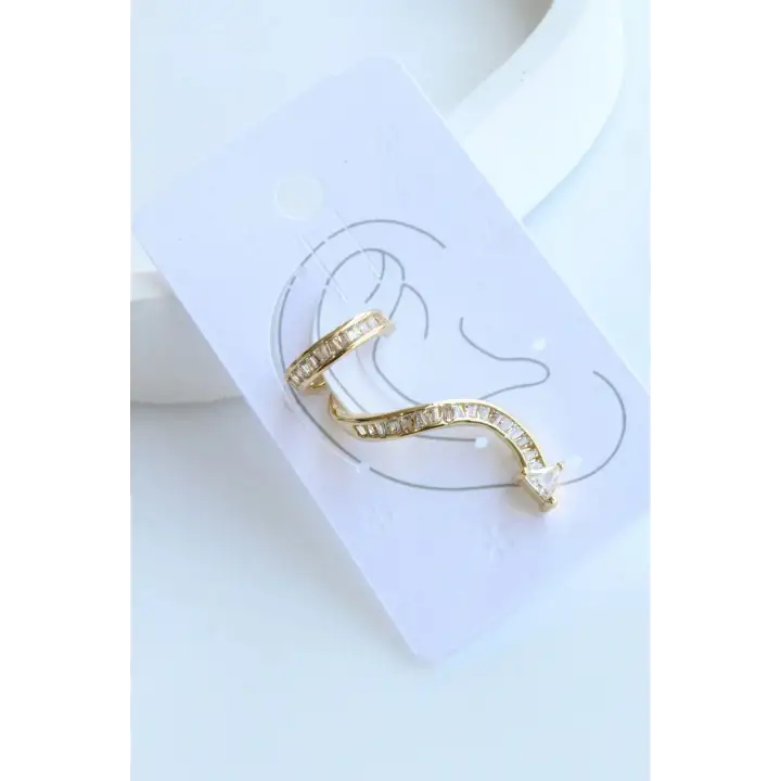 Yılan Tasarım Dizi Baget Zirkon Taşlı Kıkırdaklı Earcuff Gold Kıkırdak Küpe Kararmaz Renk Atmaz