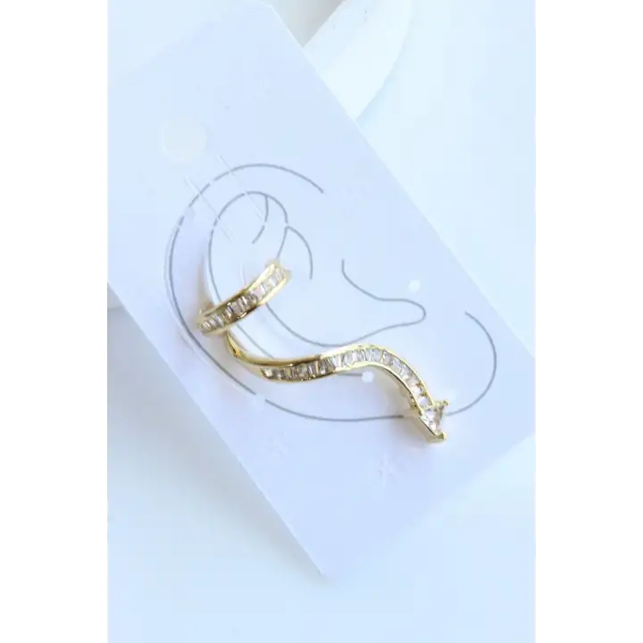 Yılan Tasarım Dizi Baget Zirkon Taşlı Kıkırdaklı Earcuff Gold Kıkırdak Küpe Kararmaz Renk Atmaz