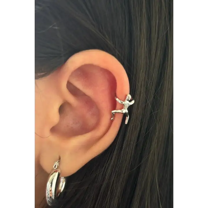 Tırmanan Çöp Adam Model Tasarım Sıkıştırmalı Earcuff Çelik Kıkırdak Kıkırdak Küpe Gümüş Kararmaz