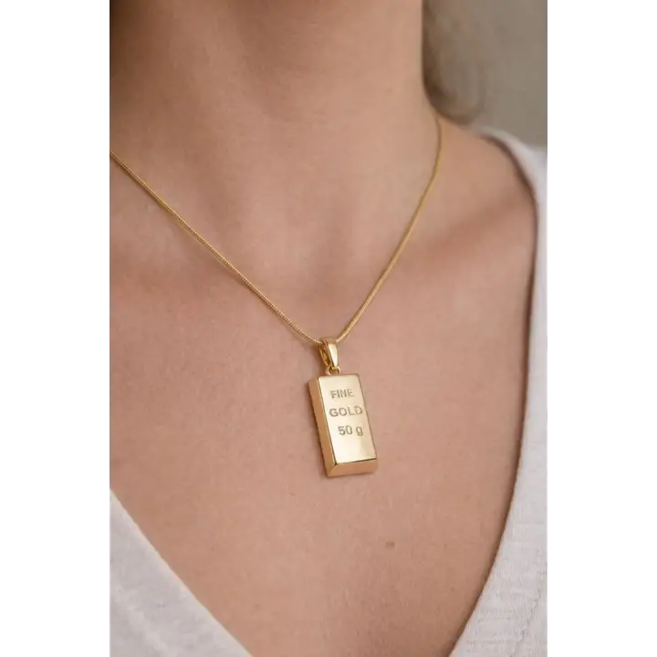Fine Gold Külçe Altın Uçlu Kadın Çelik Kolye Kararmaz Renk Atmaz