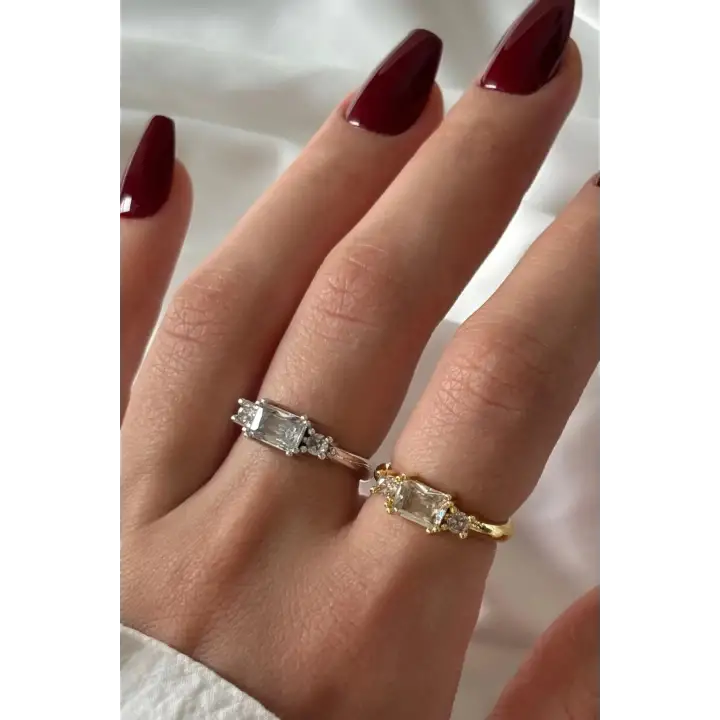 3 Taşlı Vintage Tasarım Kadın Çelik Yüzük Gümüş Kararmaz Renk Atmaz