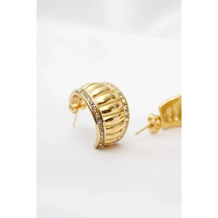 Ribbed Bombe Tasarım Kadın Çelik Küpe Altın Kararmaz Renk Atmaz