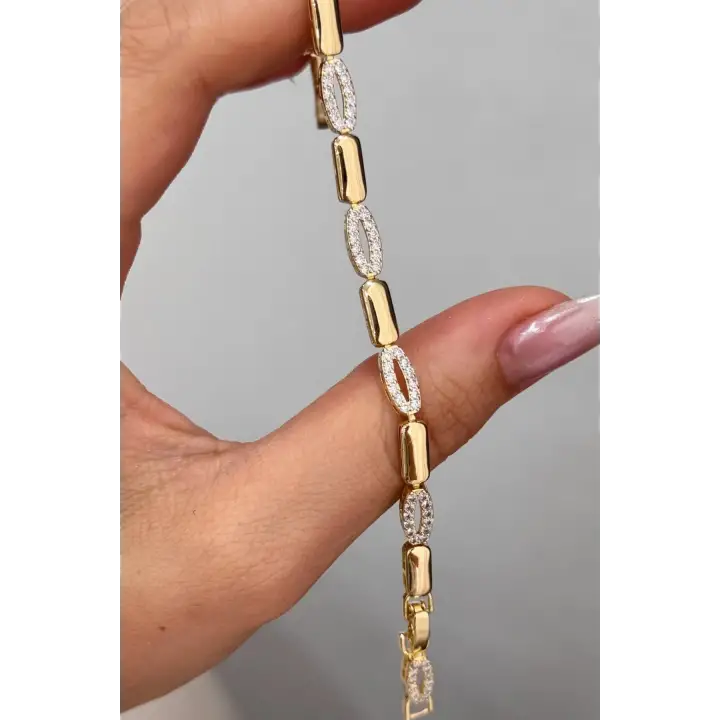 Elegant Tasarım Gömme Zirkon Taş Elips Model Ayarlanabilir Kelepce Kadın Çelik Bileklik Altın