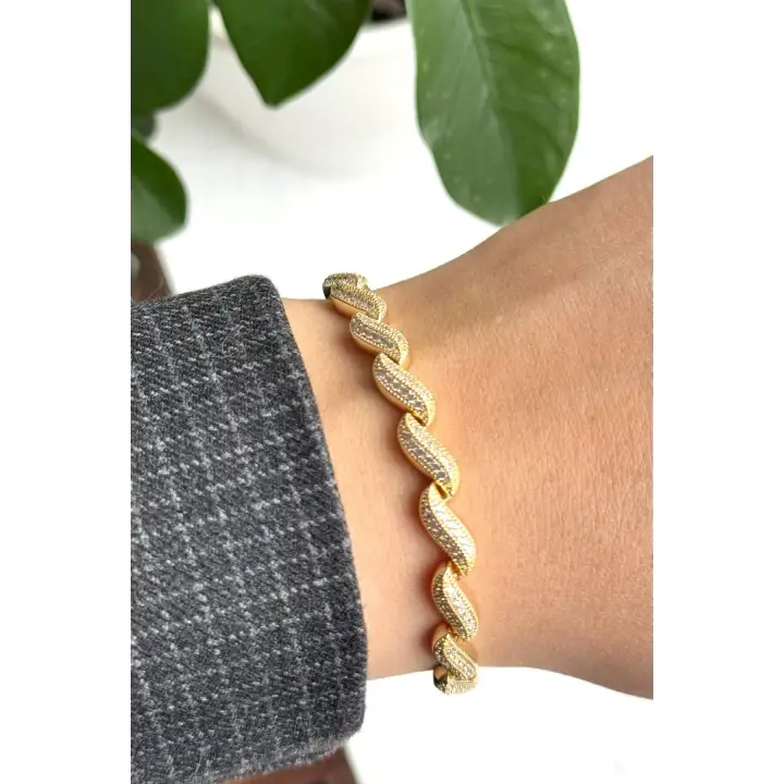 Yaprak Tasarım Full Zirkon Taşlı Ayarlanabilir Kelepce Kadın Çelik Bileklik Altın Kararmaz