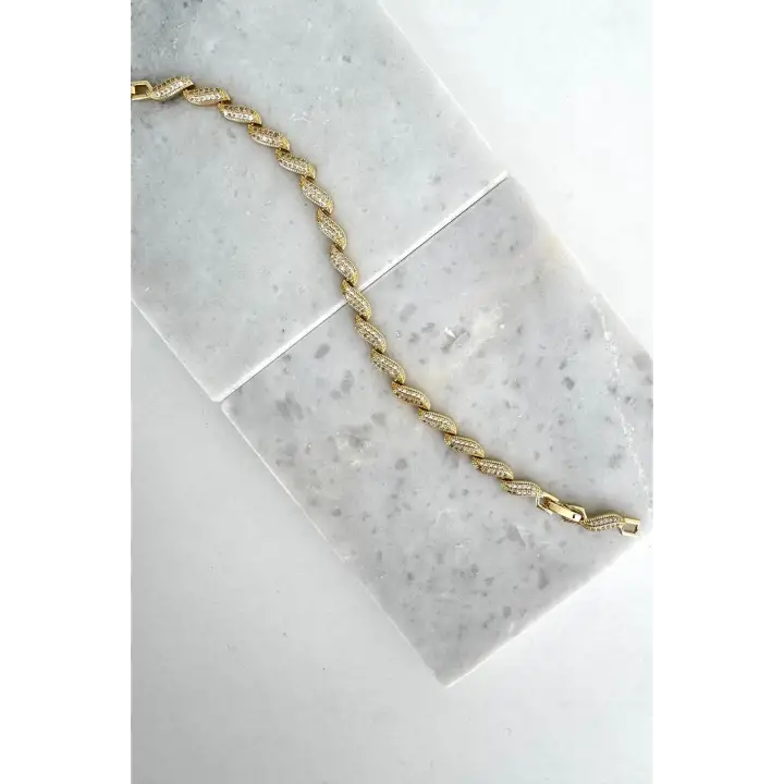 Yaprak Tasarım Full Zirkon Taşlı Ayarlanabilir Kelepce Kadın Çelik Bileklik Altın Kararmaz