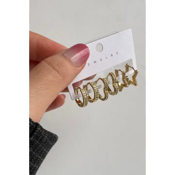 6lı Yildizkalpoval Halka Tasarım Gold Kadın Çelik Küpe Altın Kararmaz Renk Atmaz