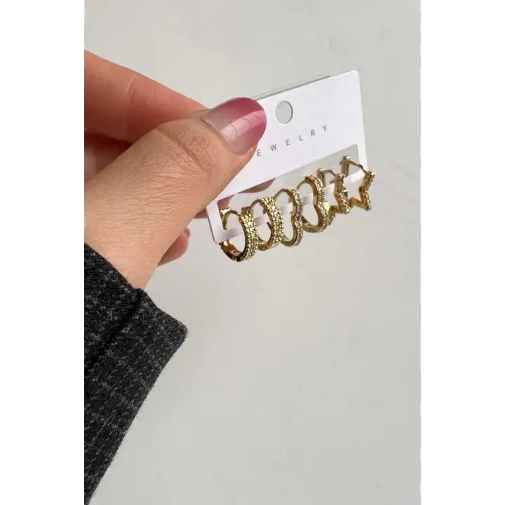 6lı Yildizkalpoval Halka Tasarım Gold Kadın Çelik Küpe Altın Kararmaz Renk Atmaz