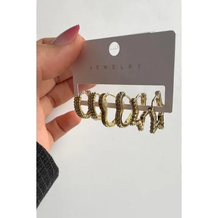 6lı Yildizkalpoval Halka Tasarım Gold Kadın Çelik Küpe Altın Kararmaz Renk Atmaz