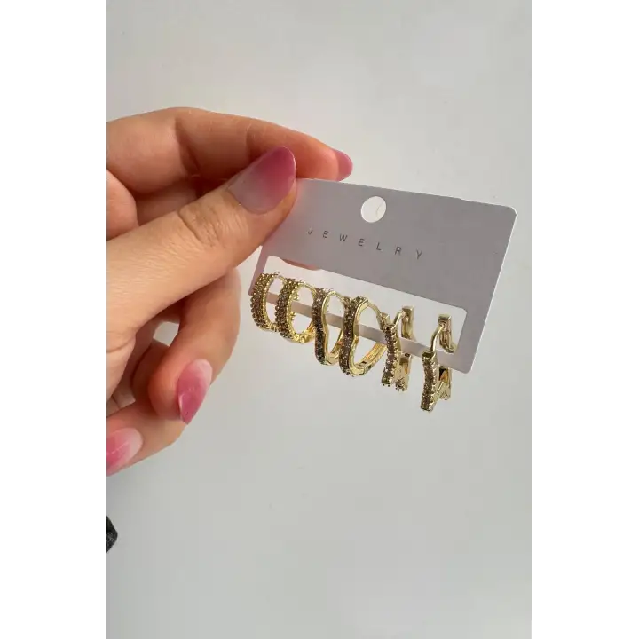 6lı Yildizkalpoval Halka Tasarım Gold Kadın Çelik Küpe Altın Kararmaz Renk Atmaz
