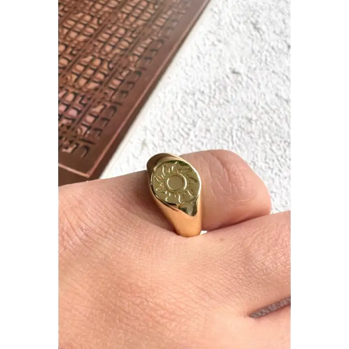 Gold Güneş Figürlü Plaka Tasarım Ayarlanabilir Serçe Parmak Yüzüğü Çelik Yüzük Altın Kararmaz