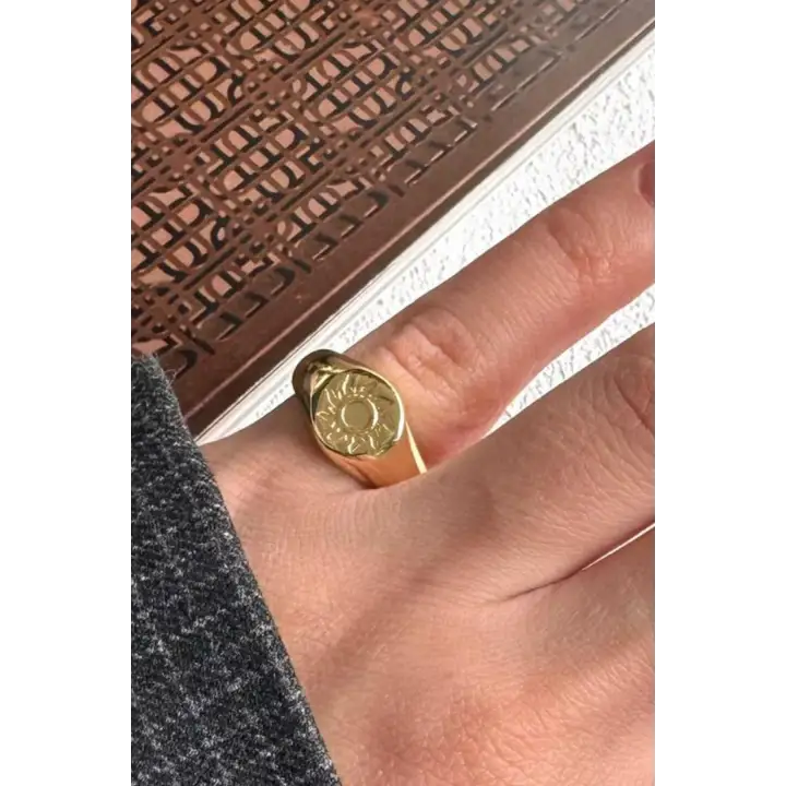 Gold Güneş Figürlü Plaka Tasarım Ayarlanabilir Serçe Parmak Yüzüğü Çelik Yüzük Altın Kararmaz