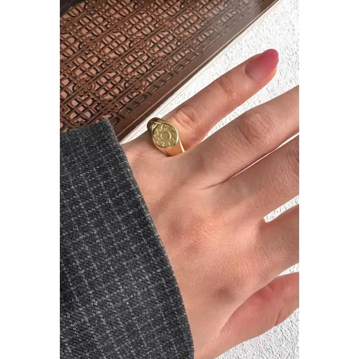 Gold Güneş Figürlü Plaka Tasarım Ayarlanabilir Serçe Parmak Yüzüğü Çelik Yüzük Altın Kararmaz