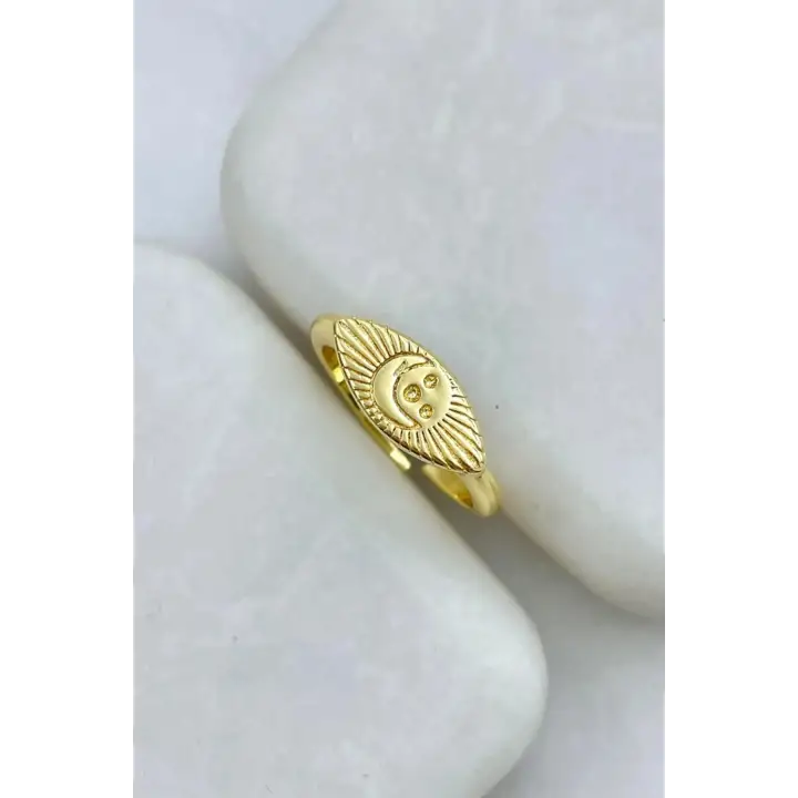 Gold Plaka Gök Yüzü İşlemeli Ayarlanabilir Serçe Parmak Yüzüğü Çelik Yüzük Altın Kararmaz Renk Atmaz