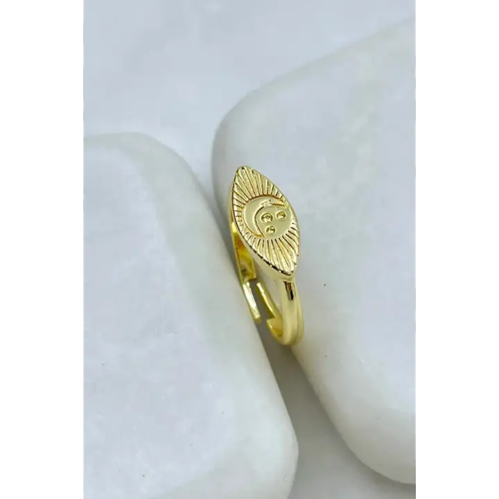Gold Plaka Gök Yüzü İşlemeli Ayarlanabilir Serçe Parmak Yüzüğü Çelik Yüzük Altın Kararmaz Renk Atmaz
