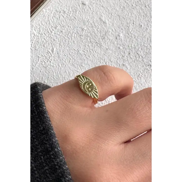 Gold Plaka Gök Yüzü İşlemeli Ayarlanabilir Serçe Parmak Yüzüğü Çelik Yüzük Altın Kararmaz Renk Atmaz