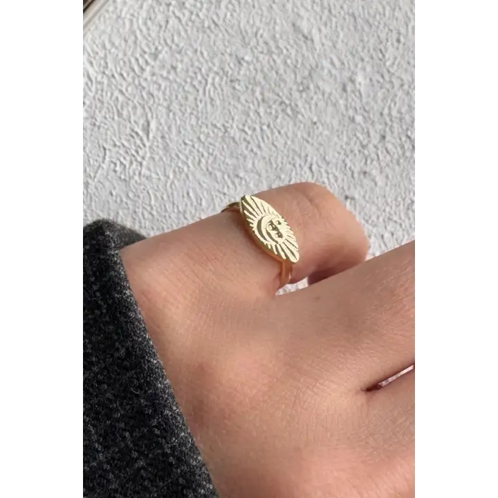 Gold Plaka Gök Yüzü İşlemeli Ayarlanabilir Serçe Parmak Yüzüğü Çelik Yüzük Altın Kararmaz Renk Atmaz