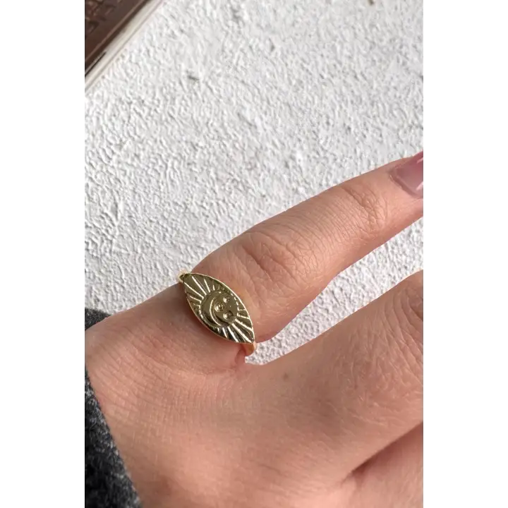 Gold Plaka Gök Yüzü İşlemeli Ayarlanabilir Serçe Parmak Yüzüğü Çelik Yüzük Altın Kararmaz Renk Atmaz