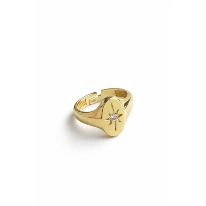 Gold Plaka Tasarım Zirkon Taşlı Kutup Yıldızı Model Ayarlanabilir Serçe Parmak Yuzugu Çelik Yüzük