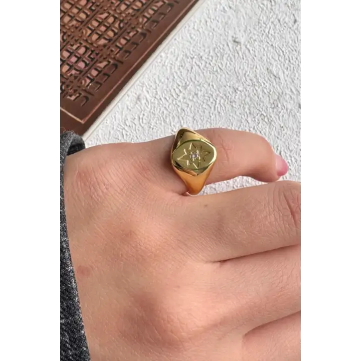 Gold Plaka Tasarım Zirkon Taşlı Kutup Yıldızı Model Ayarlanabilir Serçe Parmak Yuzugu Çelik Yüzük