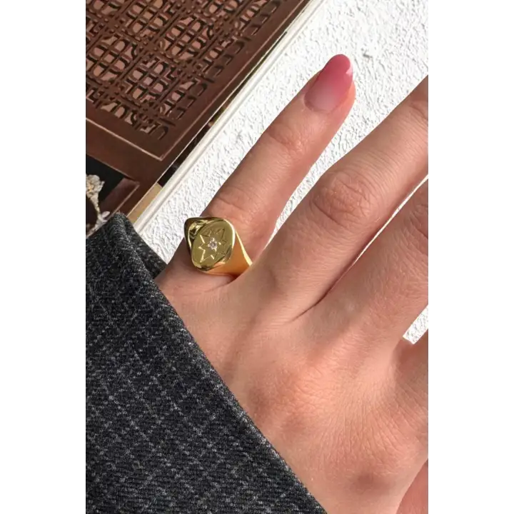 Gold Plaka Tasarım Zirkon Taşlı Kutup Yıldızı Model Ayarlanabilir Serçe Parmak Yuzugu Çelik Yüzük