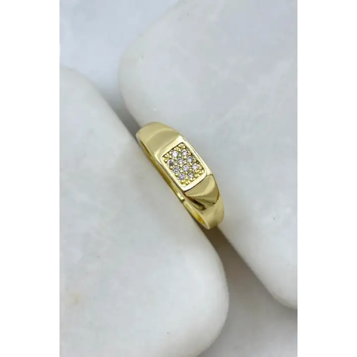 Gold Dikdörtgen Zirkon Taş Detaylı Plaka Tasarım Ayarlanabilir Serçe Parmak Yuzugu Çelik Yüzük Altın