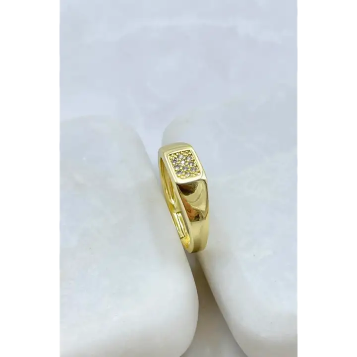 Gold Dikdörtgen Zirkon Taş Detaylı Plaka Tasarım Ayarlanabilir Serçe Parmak Yuzugu Çelik Yüzük Altın