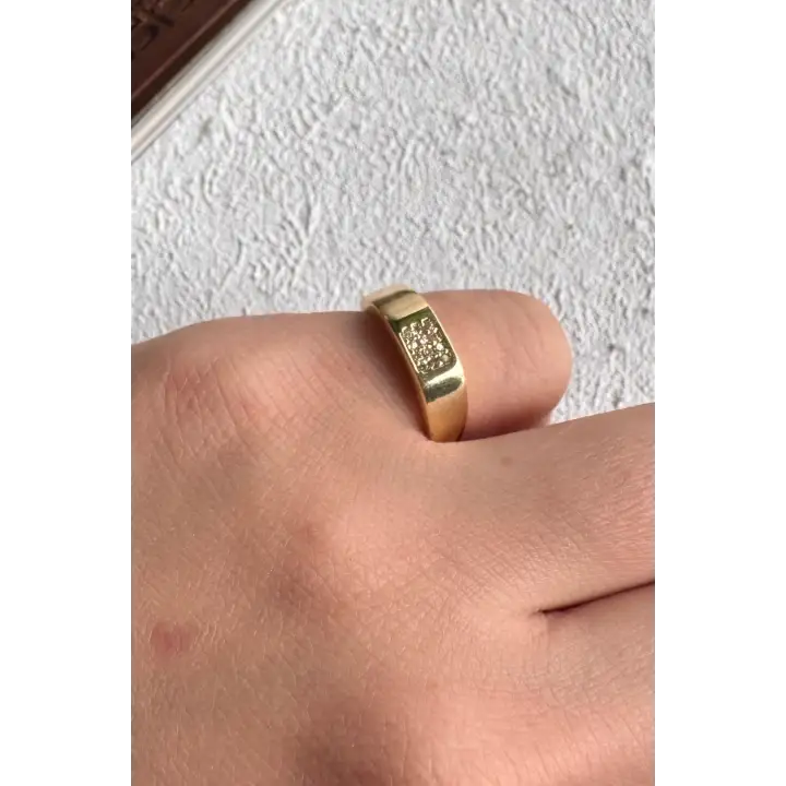 Gold Dikdörtgen Zirkon Taş Detaylı Plaka Tasarım Ayarlanabilir Serçe Parmak Yuzugu Çelik Yüzük Altın