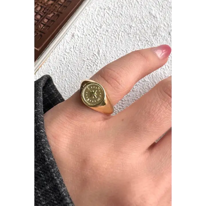 Gold Pusula Model Plaka Tasarım Ayarlanabilir Serçe Parmak Yüzüğü Çelik Yüzük Altın Kararmaz