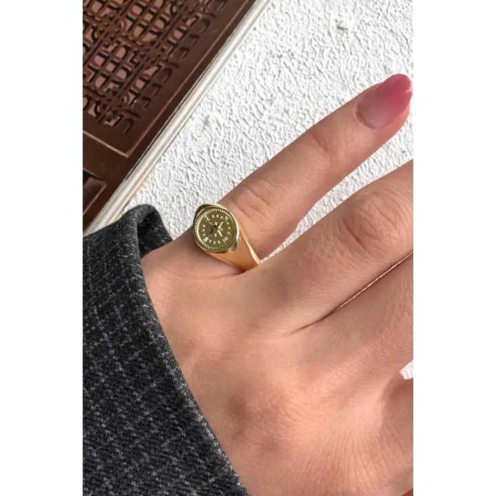 Gold Pusula Model Plaka Tasarım Ayarlanabilir Serçe Parmak Yüzüğü Çelik Yüzük Altın Kararmaz