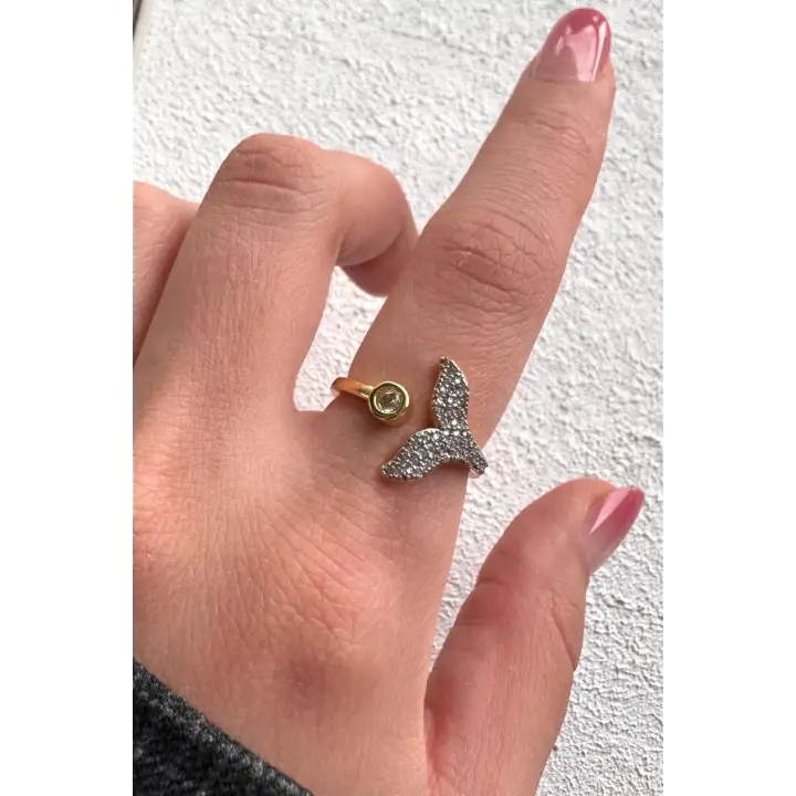 Çift Renk Seri Mermaid Balık Kuyruğu Tasarım Zirkon Taşlı Ayarlanabilir Çelik Yüzük Kararmaz