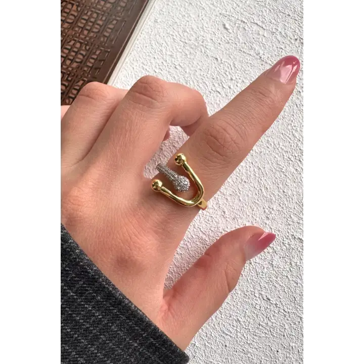 Çift Renk Seri Lucky Curve Drop Tasarım Zirkon Taş Detaylı Ayarlanabilir Çelik Yüzük Kararmaz