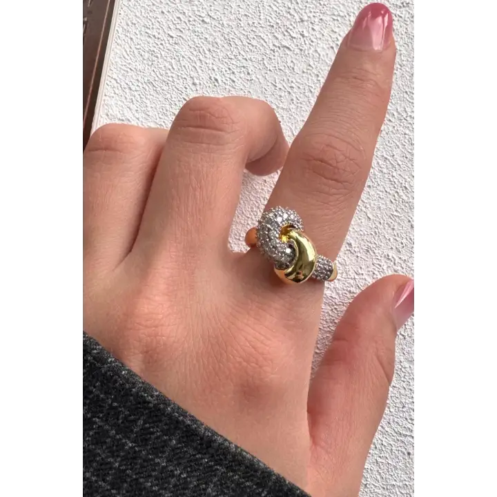 Çift Renk Seri Love Bond Düğüm Tasarım Zirkon Taşlı Ayarlanabilir Çelik Yüzük Kararmaz Renk Atmaz
