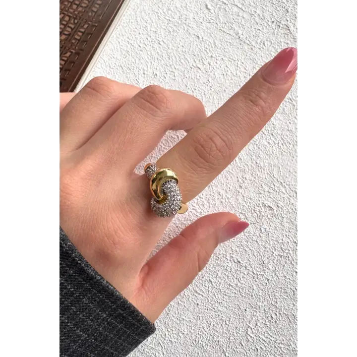 Çift Renk Seri Love Bond Düğüm Tasarım Zirkon Taşlı Ayarlanabilir Çelik Yüzük Kararmaz Renk Atmaz