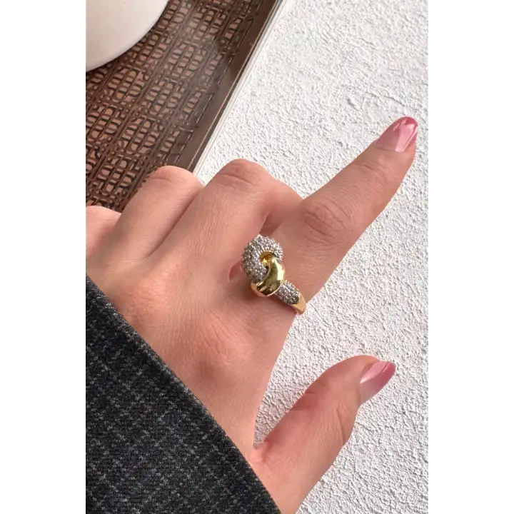 Çift Renk Seri Love Bond Düğüm Tasarım Zirkon Taşlı Ayarlanabilir Çelik Yüzük Kararmaz Renk Atmaz