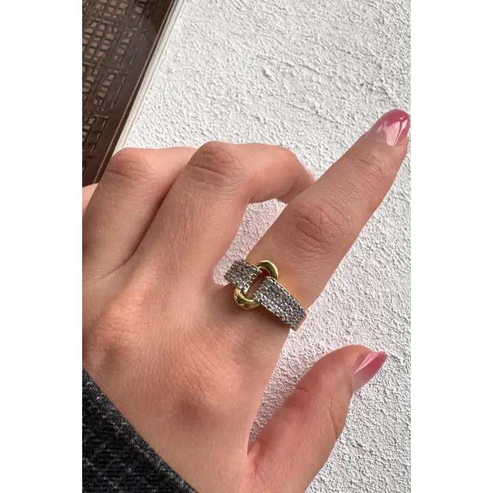 Çift Renk Seri Link Love Tasarım Zirkon Taşlı Ayarlanabilir Çelik Yüzük Kararmaz Renk Atmaz