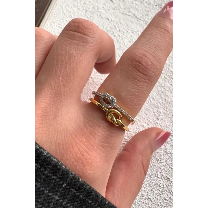 Çift Renk Seri Knot Love Tasarım Zirkon Taşlı Düğüm Bağ Kilit Model Ayarlanabilir Çelik Yüzük
