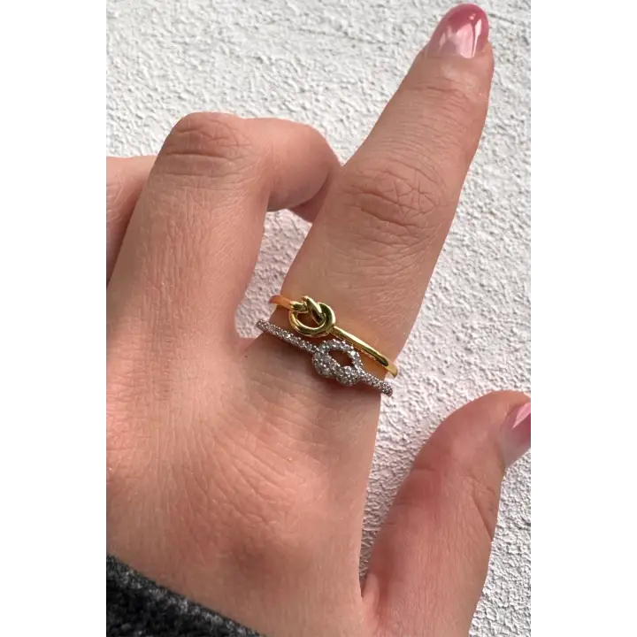 Çift Renk Seri Knot Love Tasarım Zirkon Taşlı Düğüm Bağ Kilit Model Ayarlanabilir Çelik Yüzük