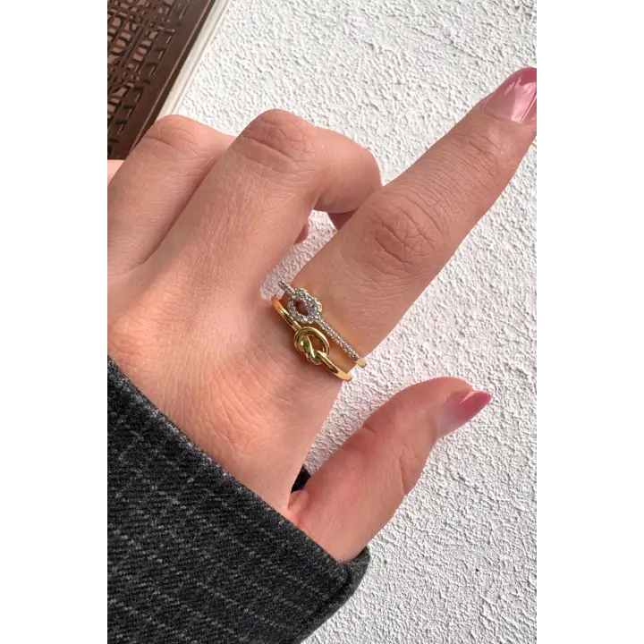 Çift Renk Seri Knot Love Tasarım Zirkon Taşlı Düğüm Bağ Kilit Model Ayarlanabilir Çelik Yüzük
