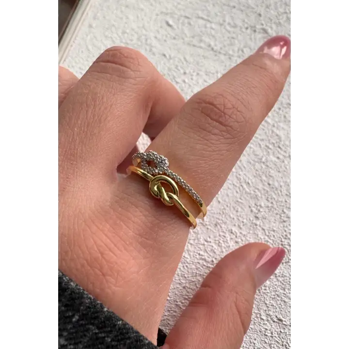 Çift Renk Seri Knot Love Tasarım Zirkon Taşlı Düğüm Bağ Kilit Model Ayarlanabilir Çelik Yüzük